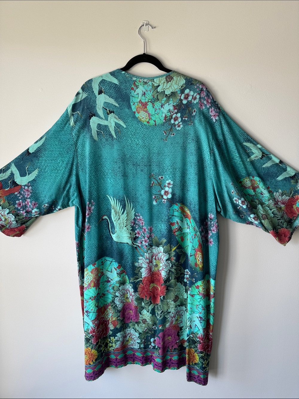 Citron Teal Floral Crane Long Sleeve Kimono Duster Robe